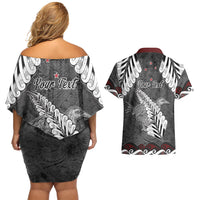 New Zealand Weka Personalised Couples Matching Off Shoulder Short Dress and Hawaiian Shirt Aotearoa Hen Silver Fern Maori Pattern