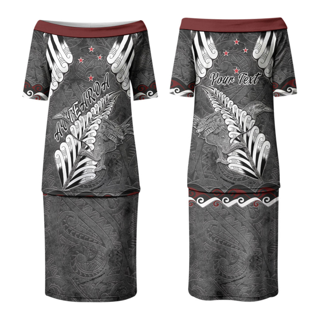 New Zealand Weka Personalised Couples Matching Puletasi and Long Sleeve Button Shirt Aotearoa Hen Silver Fern Maori Pattern LT22 - Polynesian Pride