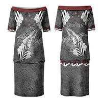 New Zealand Weka Personalised Couples Matching Puletasi and Long Sleeve Button Shirt Aotearoa Hen Silver Fern Maori Pattern LT22 - Polynesian Pride