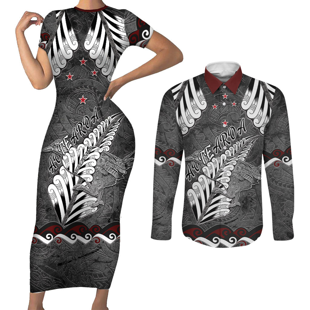 New Zealand Weka Personalised Couples Matching Short Sleeve Bodycon Dress and Long Sleeve Button Shirt Aotearoa Hen Silver Fern Maori Pattern