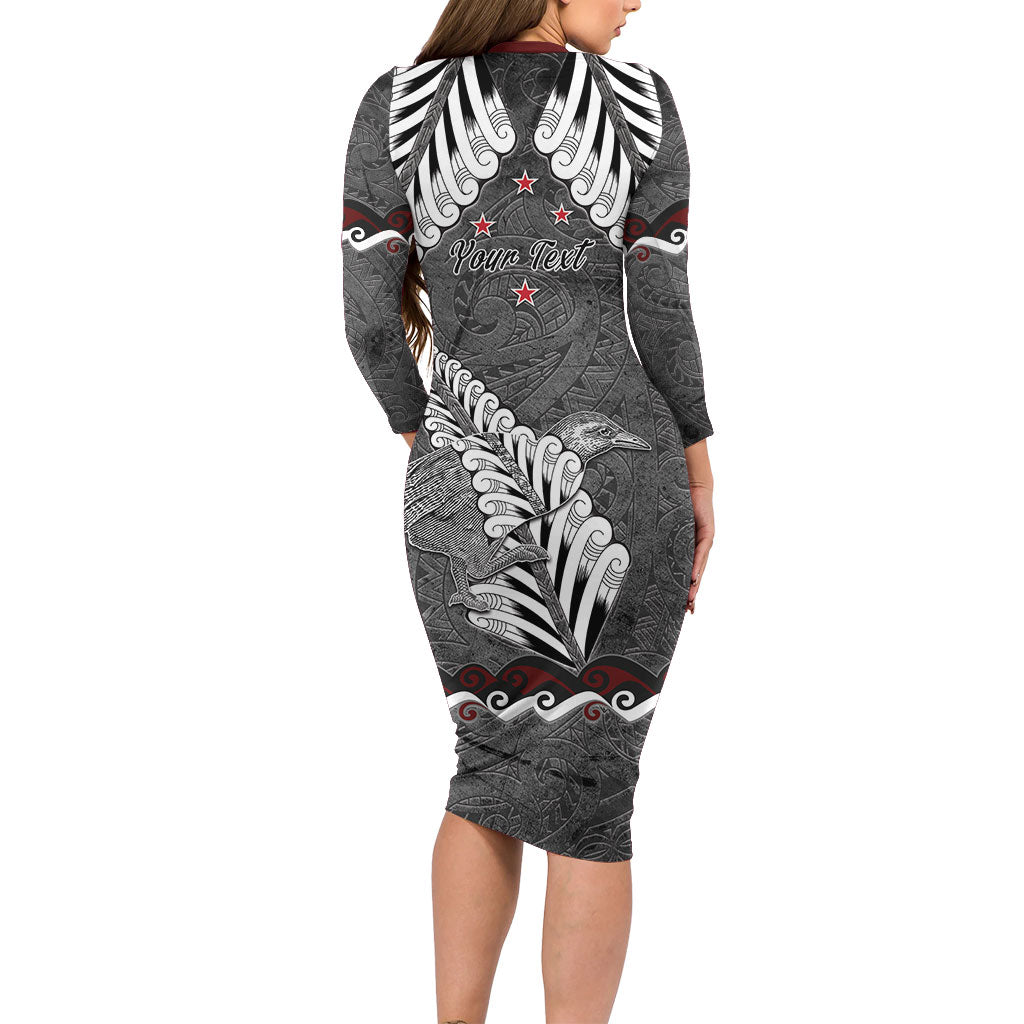 New Zealand Weka Personalised Family Matching Long Sleeve Bodycon Dress and Hawaiian Shirt Aotearoa Hen Silver Fern Maori Pattern LT22 - Polynesian Pride