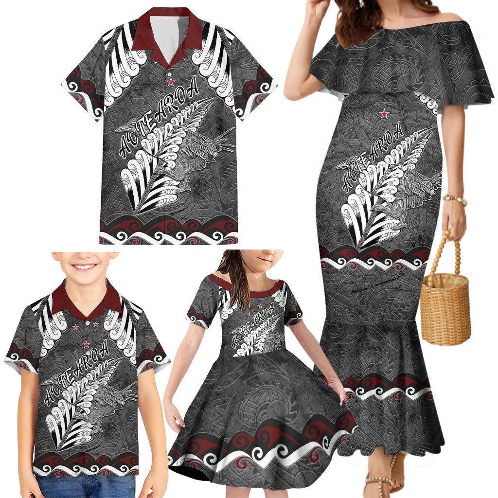New Zealand Weka Personalised Family Matching Mermaid Dress and Hawaiian Shirt Aotearoa Hen Silver Fern Maori Pattern LT22 - Polynesian Pride