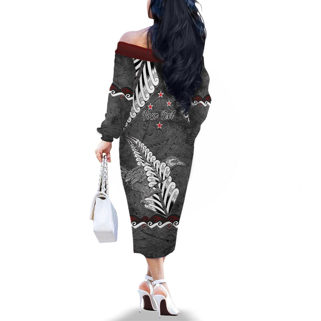 New Zealand Weka Personalised Family Matching Off The Shoulder Long Sleeve Dress and Hawaiian Shirt Aotearoa Hen Silver Fern Maori Pattern LT22 - Polynesian Pride