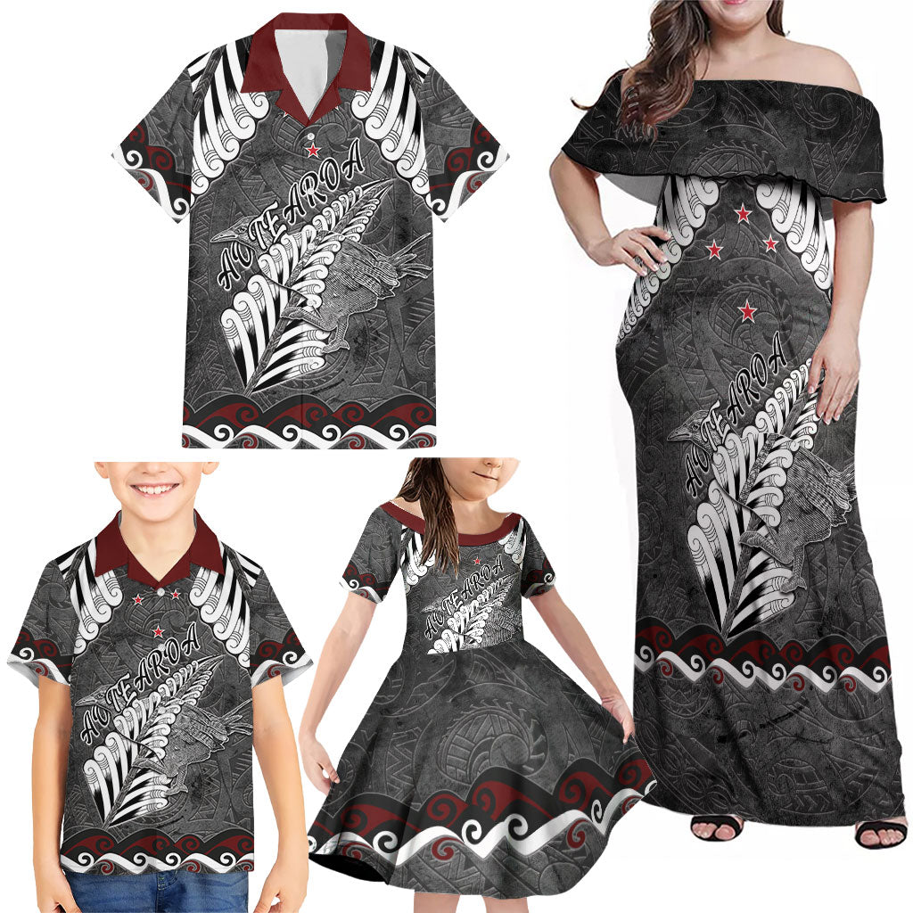 New Zealand Weka Personalised Family Matching Off Shoulder Maxi Dress and Hawaiian Shirt Aotearoa Hen Silver Fern Maori Pattern LT22 - Polynesian Pride