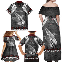 New Zealand Weka Personalised Family Matching Off Shoulder Maxi Dress and Hawaiian Shirt Aotearoa Hen Silver Fern Maori Pattern LT22 - Polynesian Pride