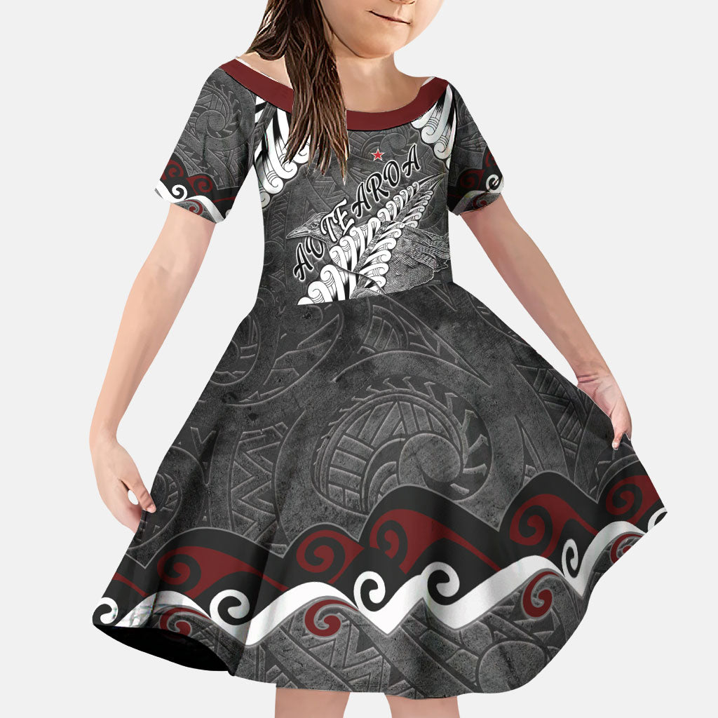 New Zealand Weka Personalised Family Matching Summer Maxi Dress and Hawaiian Shirt Aotearoa Hen Silver Fern Maori Pattern LT22 Daughter's Dress Black - Polynesian Pride