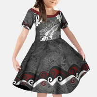 New Zealand Weka Personalised Family Matching Tank Maxi Dress and Hawaiian Shirt Aotearoa Hen Silver Fern Maori Pattern LT22 Daughter's Dress Black - Polynesian Pride