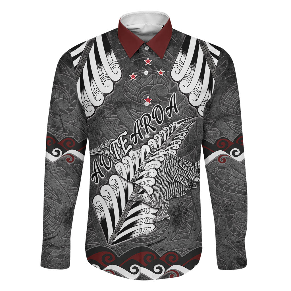 New Zealand Weka Personalised Family Matching Tank Maxi Dress and Hawaiian Shirt Aotearoa Hen Silver Fern Maori Pattern LT22 Dad's Shirt - Long Sleeve Black - Polynesian Pride