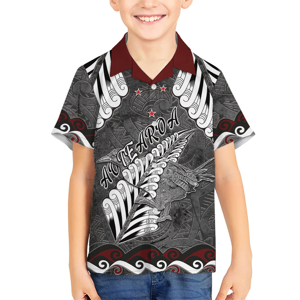 New Zealand Weka Personalised Kid Hawaiian Shirt Aotearoa Hen Silver Fern Maori Pattern