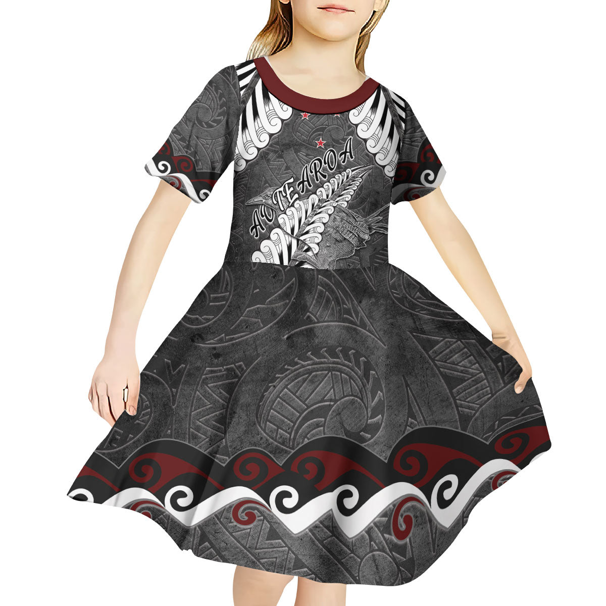 New Zealand Weka Personalised Kid Short Sleeve Dress Aotearoa Hen Silver Fern Maori Pattern