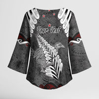 New Zealand Weka Personalised Kimono Sleeve Blouse Aotearoa Hen Silver Fern Maori Pattern