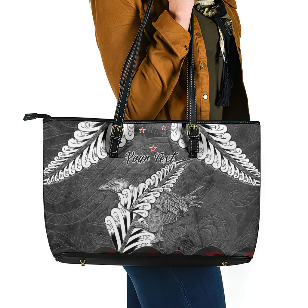 New Zealand Weka Personalised Leather Tote Bag Aotearoa Hen Silver Fern Maori Pattern