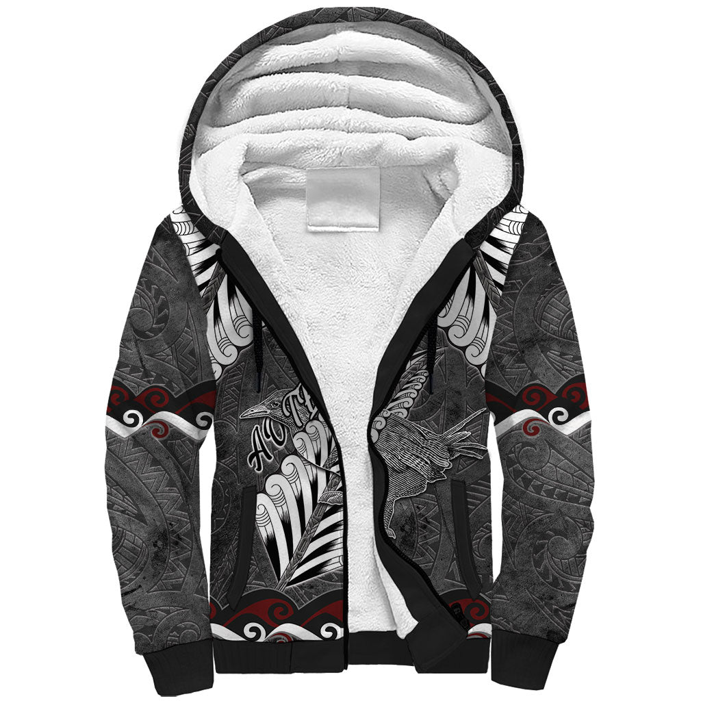 New Zealand Weka Personalised Sherpa Hoodie Aotearoa Hen Silver Fern Maori Pattern