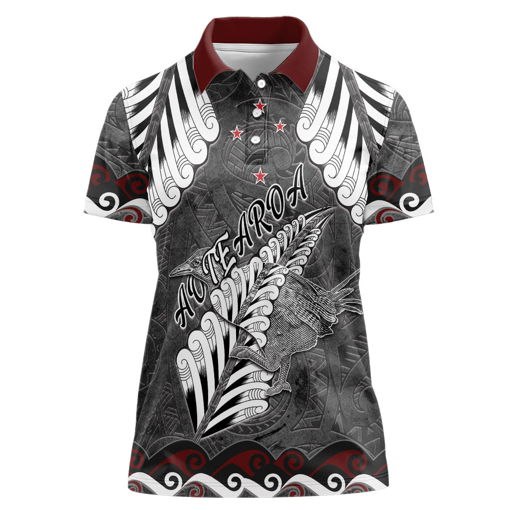 New Zealand Weka Personalised Women Polo Shirt Aotearoa Hen Silver Fern Maori Pattern