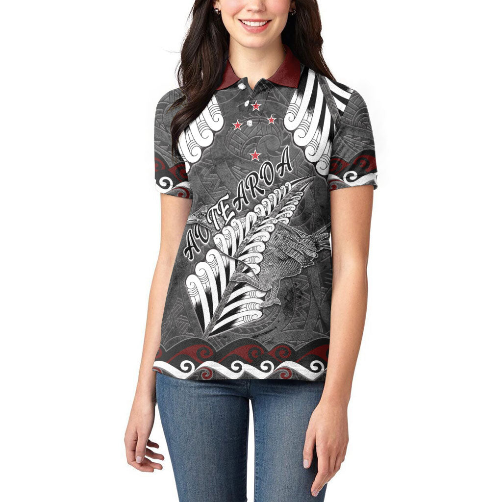 New Zealand Weka Personalised Women Polo Shirt Aotearoa Hen Silver Fern Maori Pattern