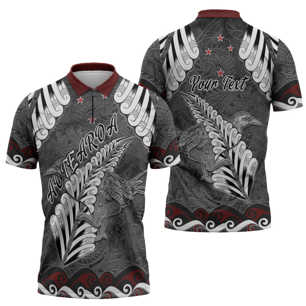 New Zealand Weka Personalised Zipper Polo Shirt Aotearoa Hen Silver Fern Maori Pattern