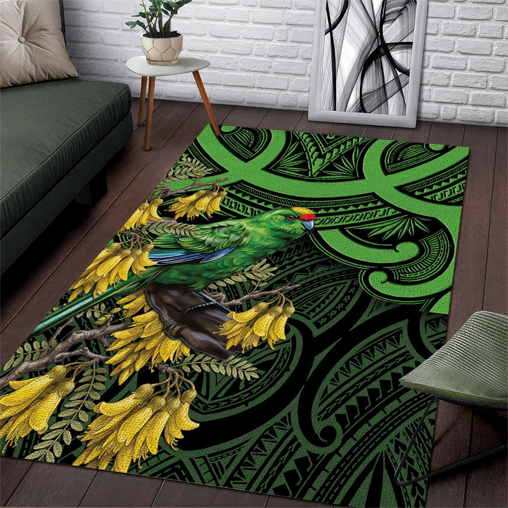 New Zealand Parakeet Bird Area Rug Maori Kakariki Kowhai Maori Pattern