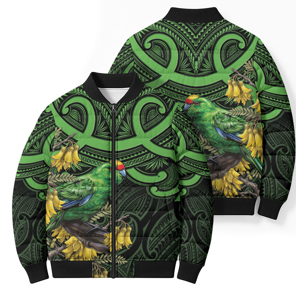 New Zealand Parakeet Bird Bomber Puffer Jacket Maori Kakariki Kowhai Maori Pattern