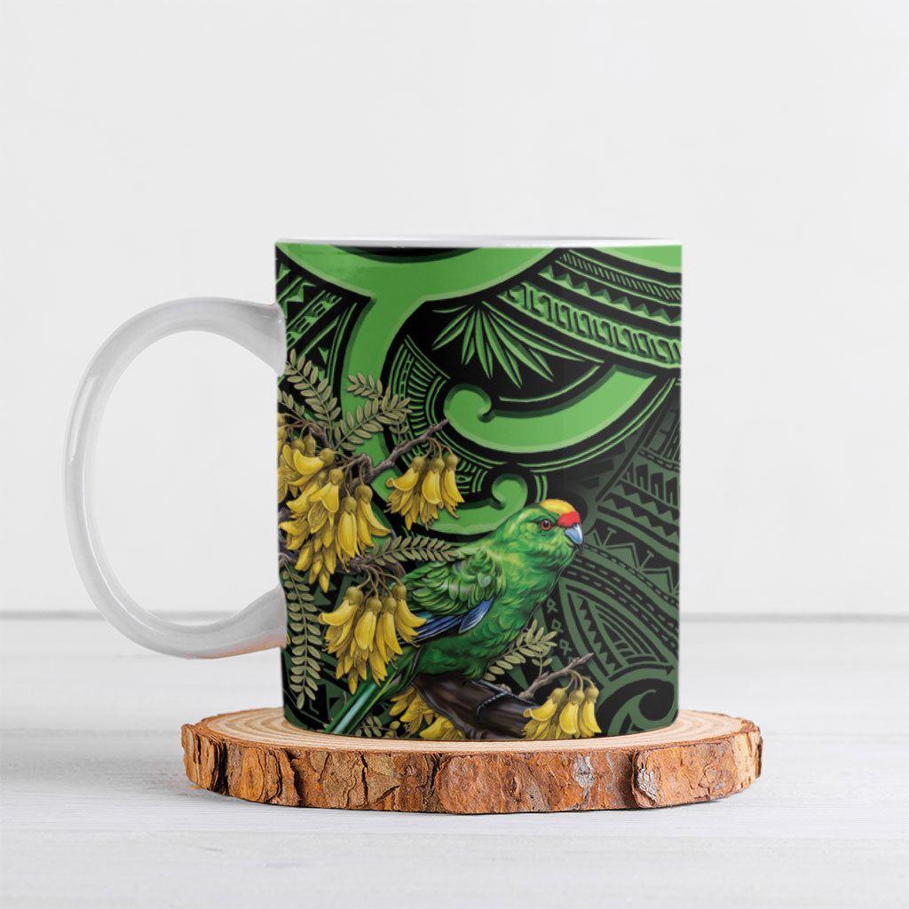 New Zealand Parakeet Bird Ceramic Mug Maori Kakariki Kowhai Maori Pattern LT22 Green - Polynesian Pride