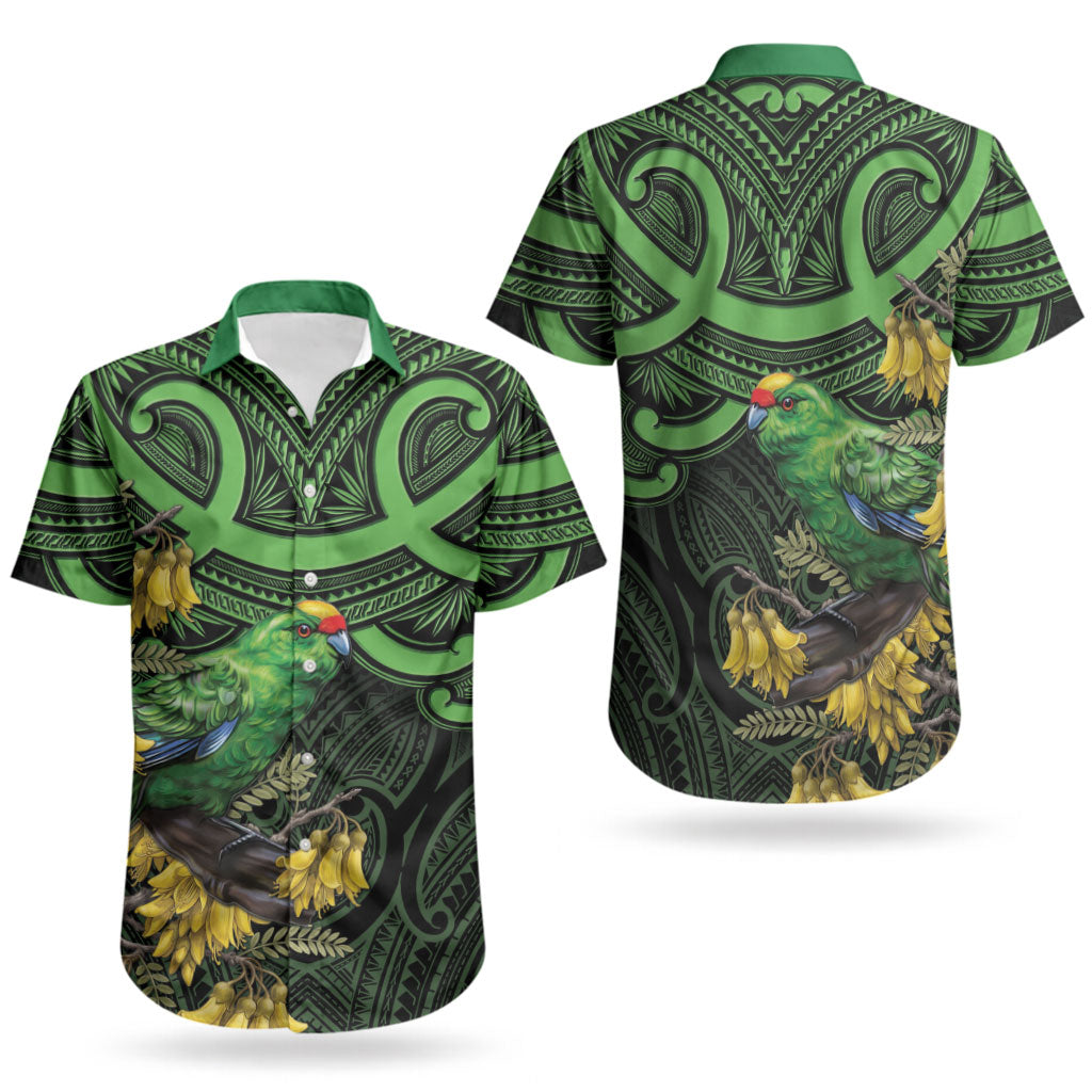 New Zealand Parakeet Bird Couples Matching Long Sleeve Bodycon Dress and Hawaiian Shirt Maori Kakariki Kowhai Maori Pattern