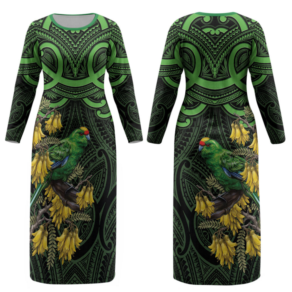 New Zealand Parakeet Bird Couples Matching Long Sleeve Bodycon Dress and Hawaiian Shirt Maori Kakariki Kowhai Maori Pattern
