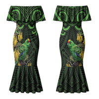 New Zealand Parakeet Bird Couples Matching Mermaid Dress and Long Sleeve Button Shirt Maori Kakariki Kowhai Maori Pattern