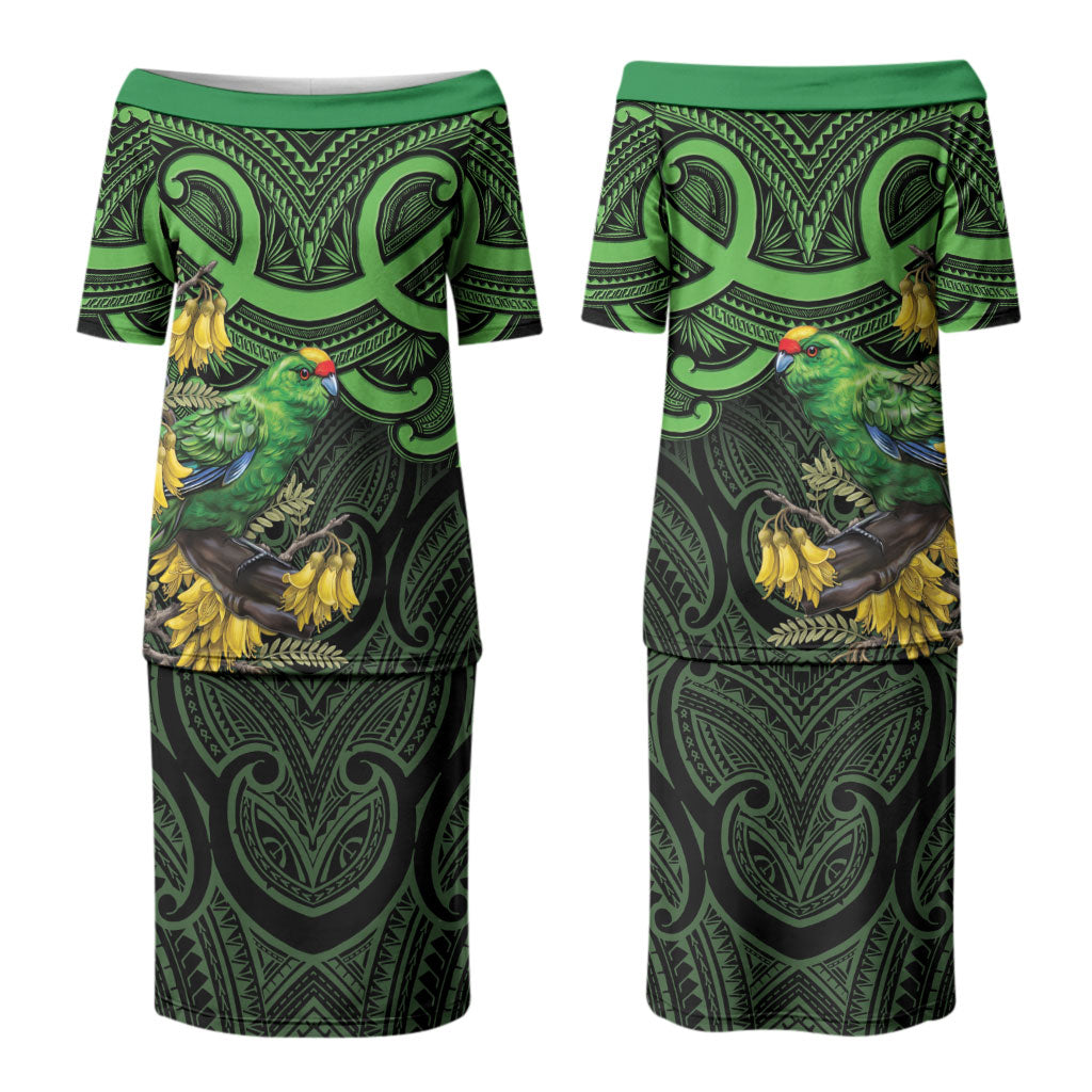 New Zealand Parakeet Bird Couples Matching Puletasi and Hawaiian Shirt Maori Kakariki Kowhai Maori Pattern