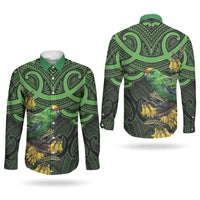 New Zealand Parakeet Bird Couples Matching Puletasi and Long Sleeve Button Shirt Maori Kakariki Kowhai Maori Pattern
