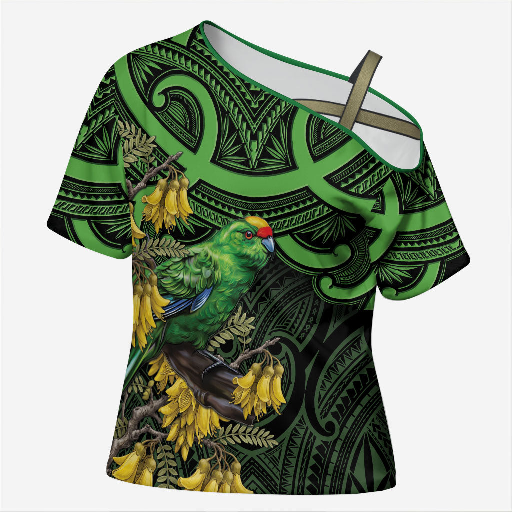 New Zealand Parakeet Bird Cross Shoulder Shirt Maori Kakariki Kowhai Maori Pattern