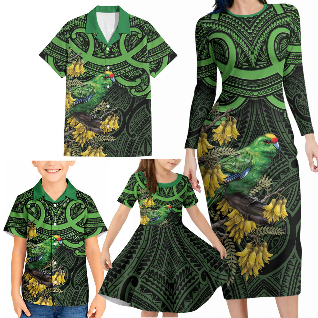 New Zealand Parakeet Bird Family Matching Long Sleeve Bodycon Dress and Hawaiian Shirt Maori Kakariki Kowhai Maori Pattern LT22 - Polynesian Pride