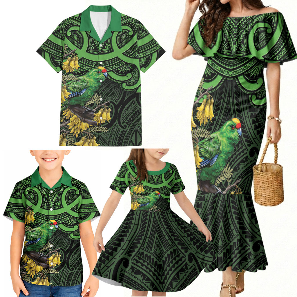 New Zealand Parakeet Bird Family Matching Mermaid Dress and Hawaiian Shirt Maori Kakariki Kowhai Maori Pattern LT22 - Polynesian Pride