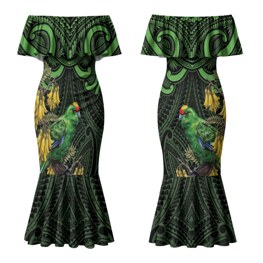 New Zealand Parakeet Bird Family Matching Mermaid Dress and Hawaiian Shirt Maori Kakariki Kowhai Maori Pattern