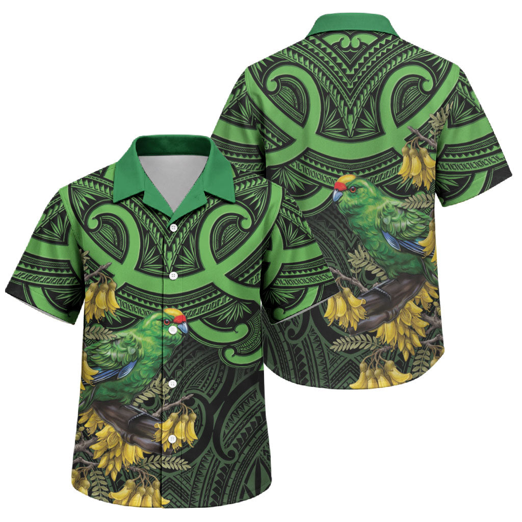New Zealand Parakeet Bird Family Matching Off The Shoulder Long Sleeve Dress and Hawaiian Shirt Maori Kakariki Kowhai Maori Pattern