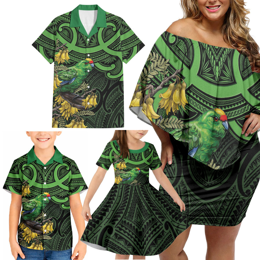 New Zealand Parakeet Bird Family Matching Off Shoulder Short Dress and Hawaiian Shirt Maori Kakariki Kowhai Maori Pattern LT22 - Polynesian Pride