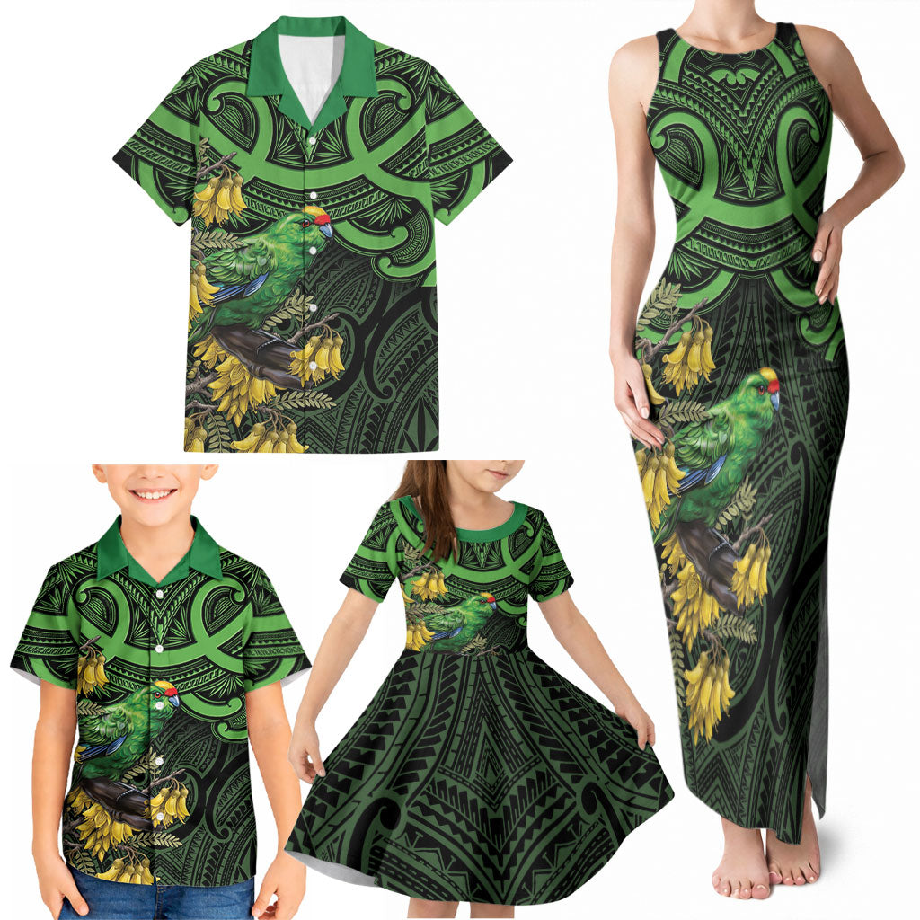 New Zealand Parakeet Bird Family Matching Tank Maxi Dress and Hawaiian Shirt Maori Kakariki Kowhai Maori Pattern
