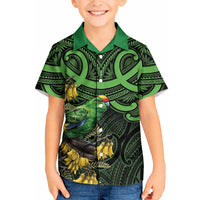 New Zealand Parakeet Bird Kid Hawaiian Shirt Maori Kakariki Kowhai Maori Pattern
