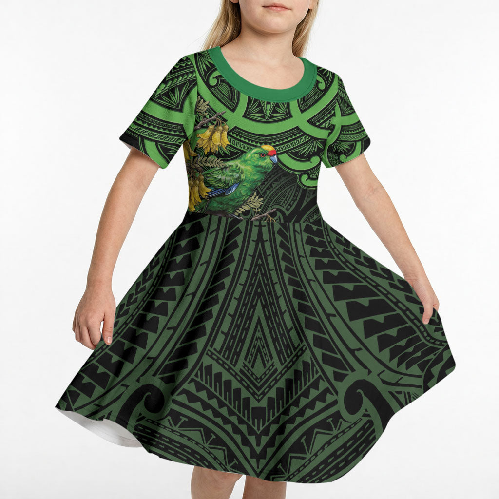 New Zealand Parakeet Bird Kid Short Sleeve Dress Maori Kakariki Kowhai Maori Pattern