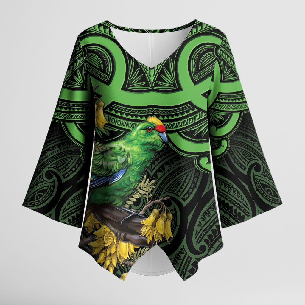 New Zealand Parakeet Bird Kimono Sleeve Blouse Maori Kakariki Kowhai Maori Pattern
