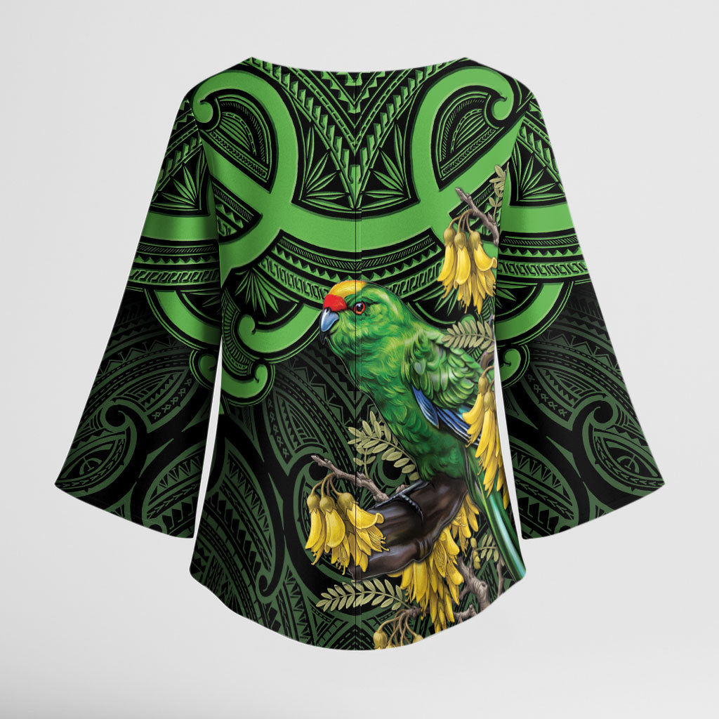New Zealand Parakeet Bird Kimono Sleeve Blouse Maori Kakariki Kowhai Maori Pattern