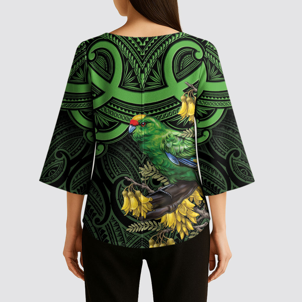 New Zealand Parakeet Bird Kimono Sleeve Blouse Maori Kakariki Kowhai Maori Pattern