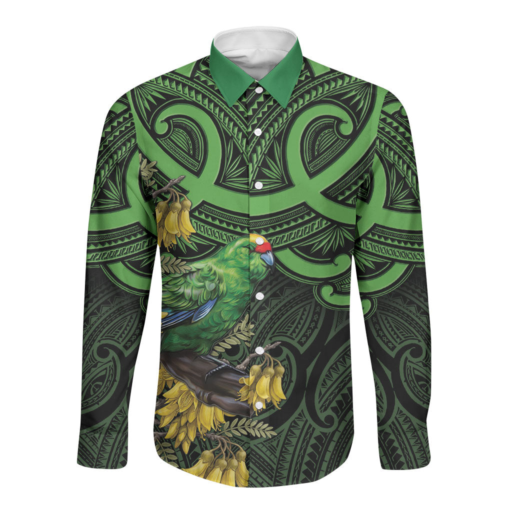 New Zealand Parakeet Bird Long Sleeve Button Shirt Maori Kakariki Kowhai Maori Pattern