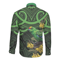 New Zealand Parakeet Bird Long Sleeve Button Shirt Maori Kakariki Kowhai Maori Pattern
