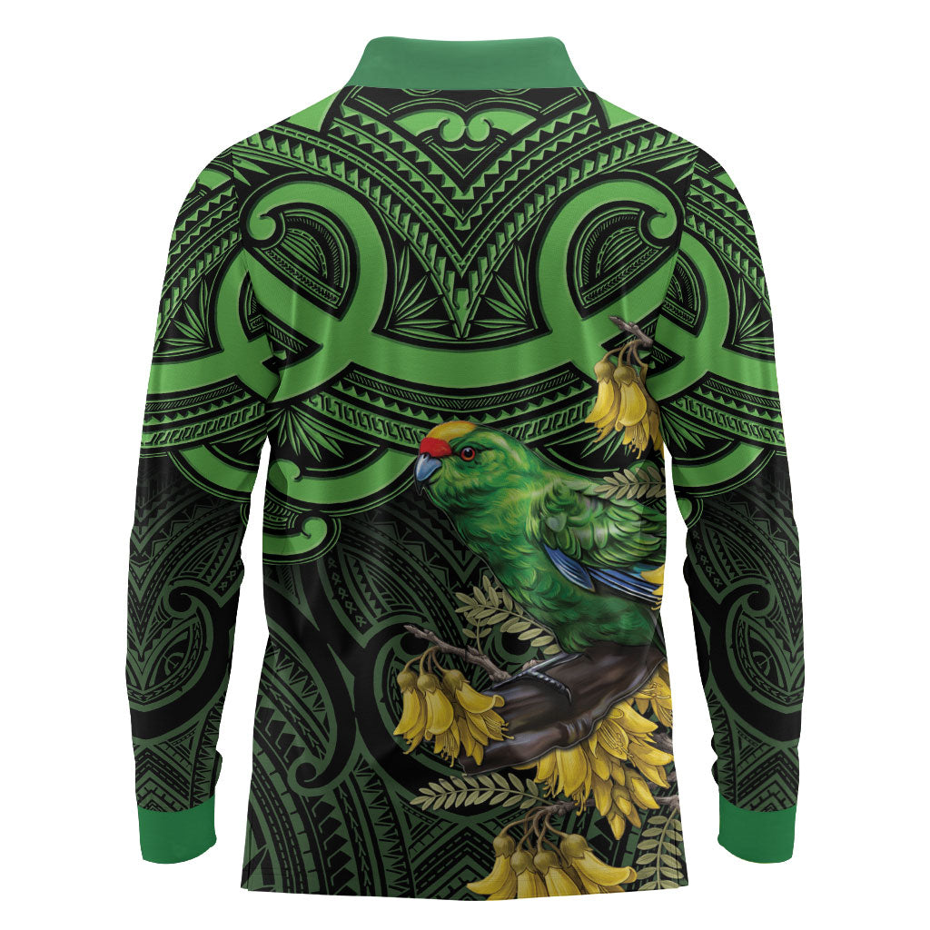 New Zealand Parakeet Bird Long Sleeve Polo Shirt Maori Kakariki Kowhai Maori Pattern