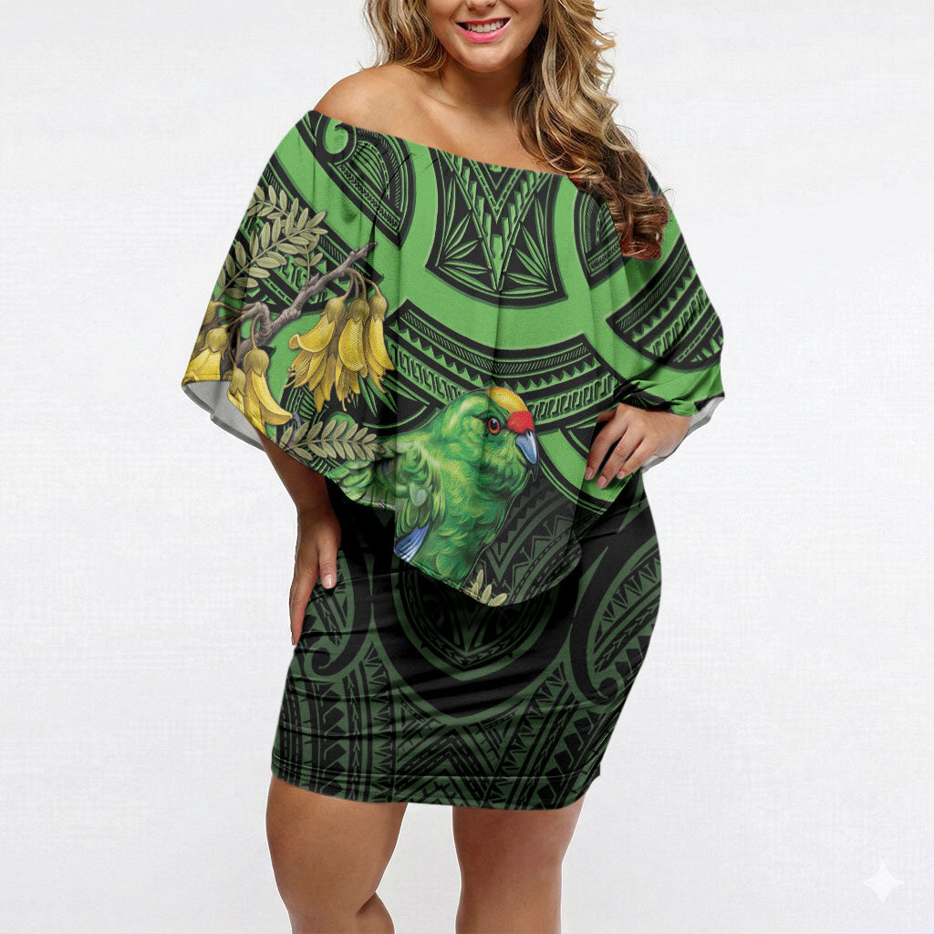 New Zealand Parakeet Bird Off Shoulder Short Dress Maori Kakariki Kowhai Maori Pattern