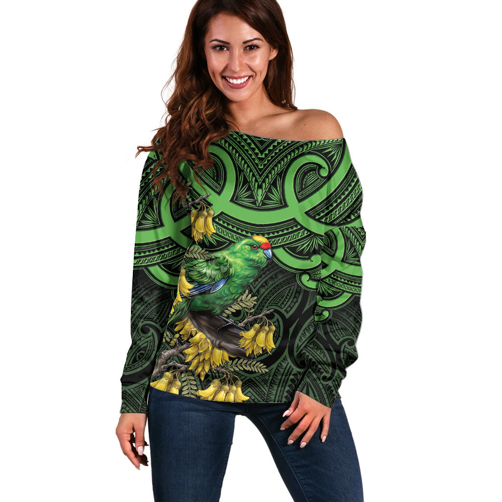 New Zealand Parakeet Bird Off Shoulder Sweater Maori Kakariki Kowhai Maori Pattern