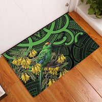 New Zealand Parakeet Bird Rubber Doormat Maori Kakariki Kowhai Maori Pattern