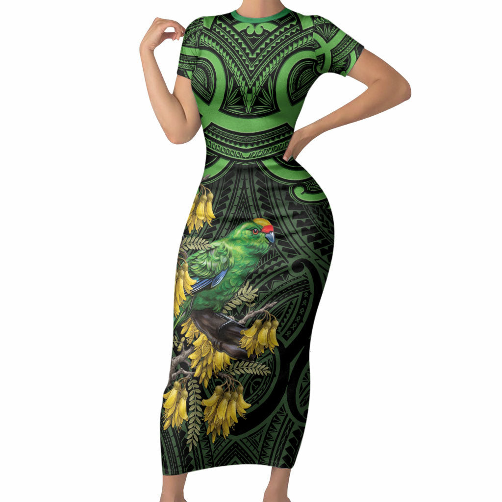New Zealand Parakeet Bird Short Sleeve Bodycon Dress Maori Kakariki Kowhai Maori Pattern