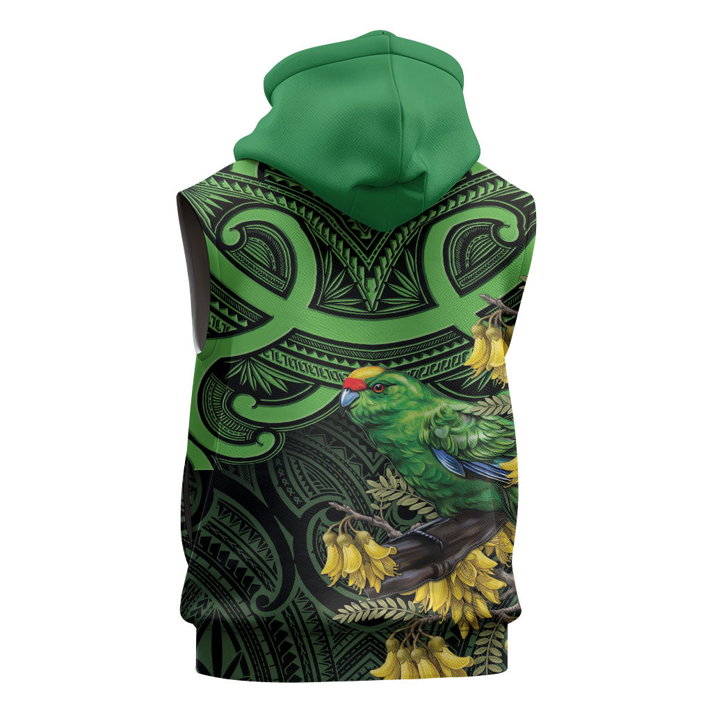 New Zealand Parakeet Bird Sleeveless Hoodie Maori Kakariki Kowhai Maori Pattern