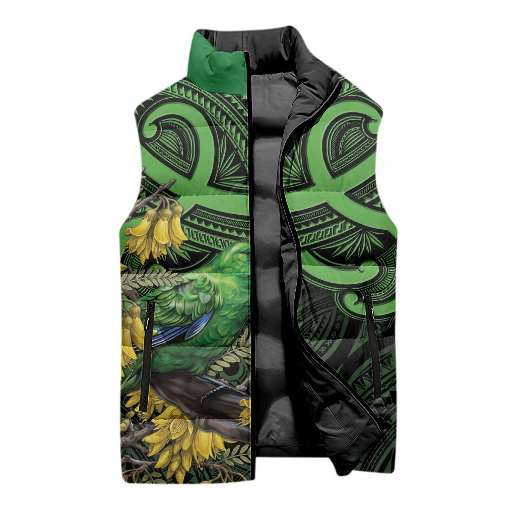 New Zealand Parakeet Bird Sleeveless Puffer Jacket Maori Kakariki Kowhai Maori Pattern