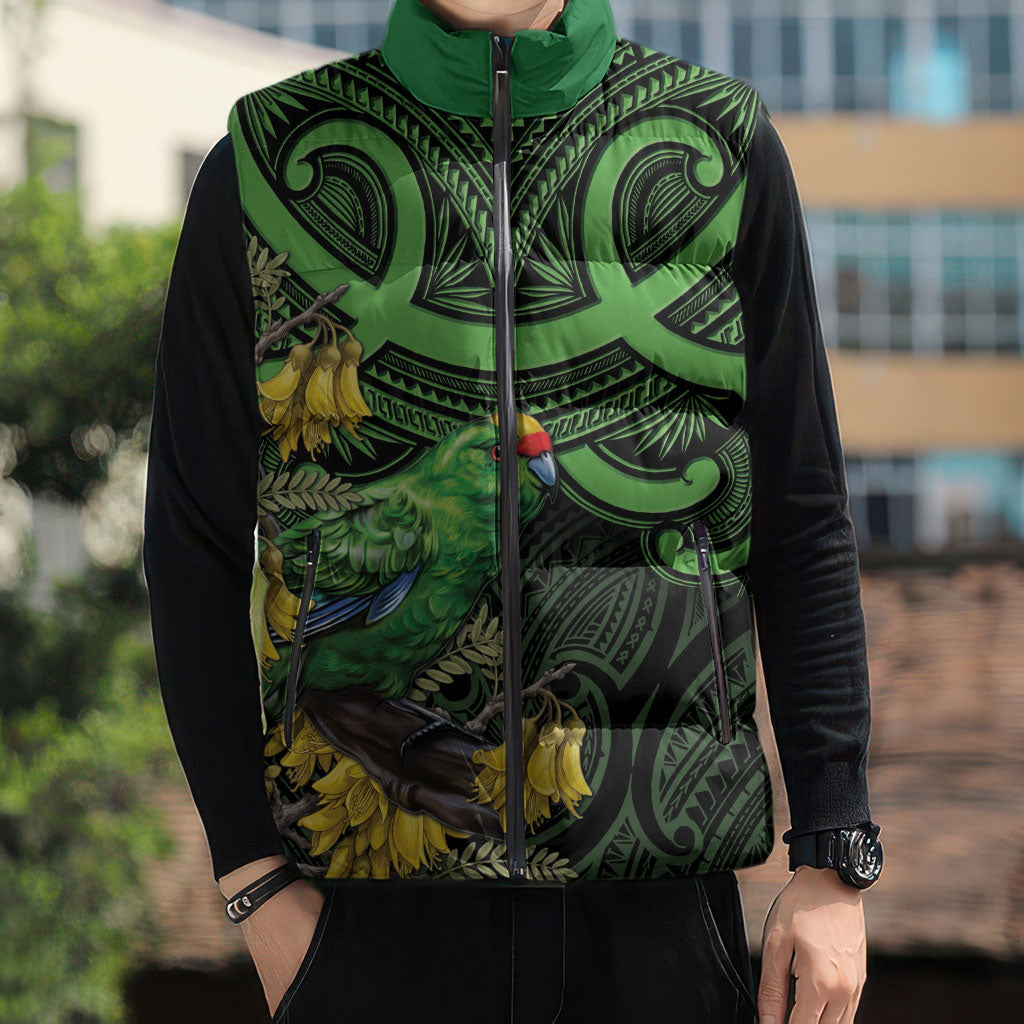 New Zealand Parakeet Bird Sleeveless Puffer Jacket Maori Kakariki Kowhai Maori Pattern